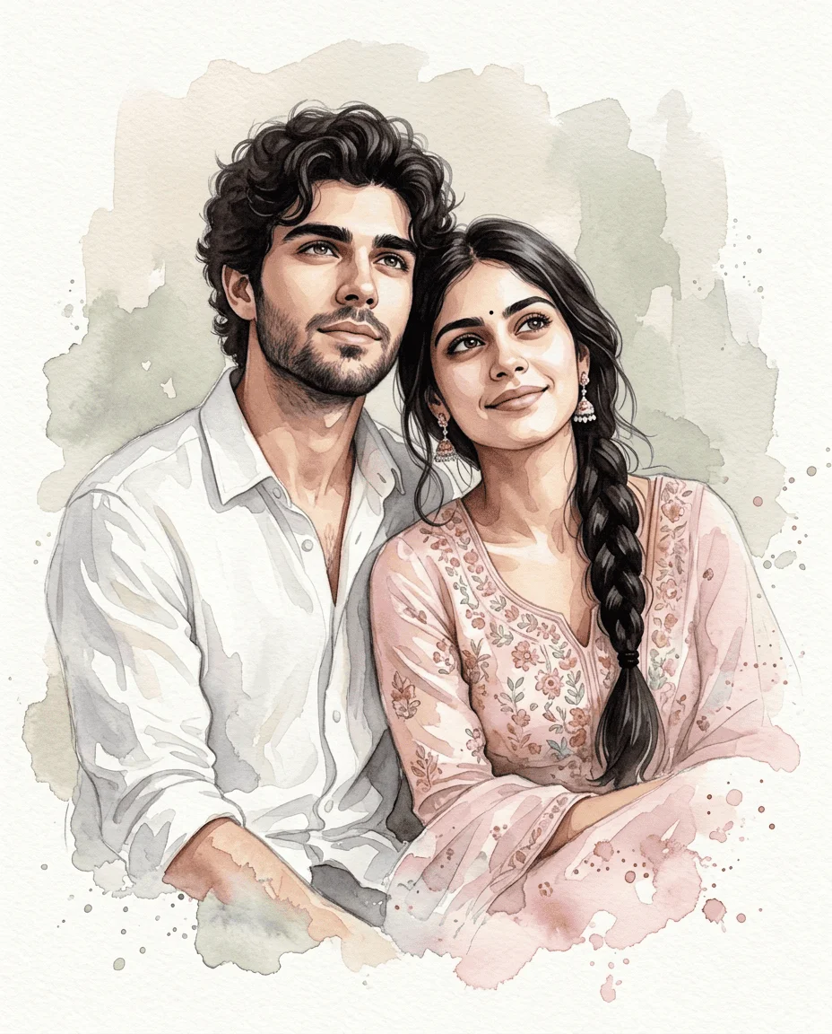 romantic hand-painted watercolor portrait photo prompt